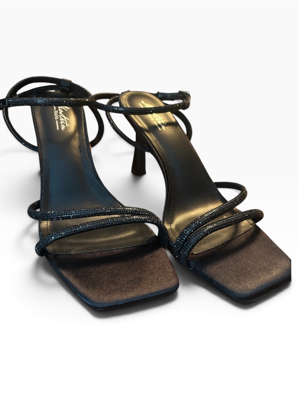 Black Strappy Stiletto Heels with Shiny Stone Ankle Strap Satin Details 3” - Picture 7 of 9